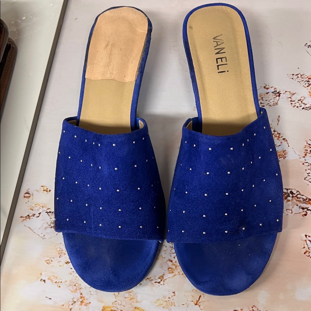 Vaneli Royal Blue Suede Slide Mules with Stud Accents
